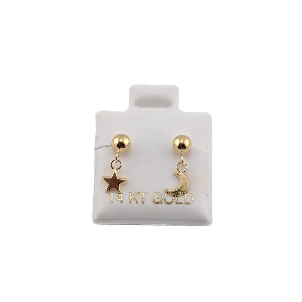 14K Solid Gold Dangle Star & Crescent Moon Earrings Gold Studs jewelry** - Picture 3 of 7